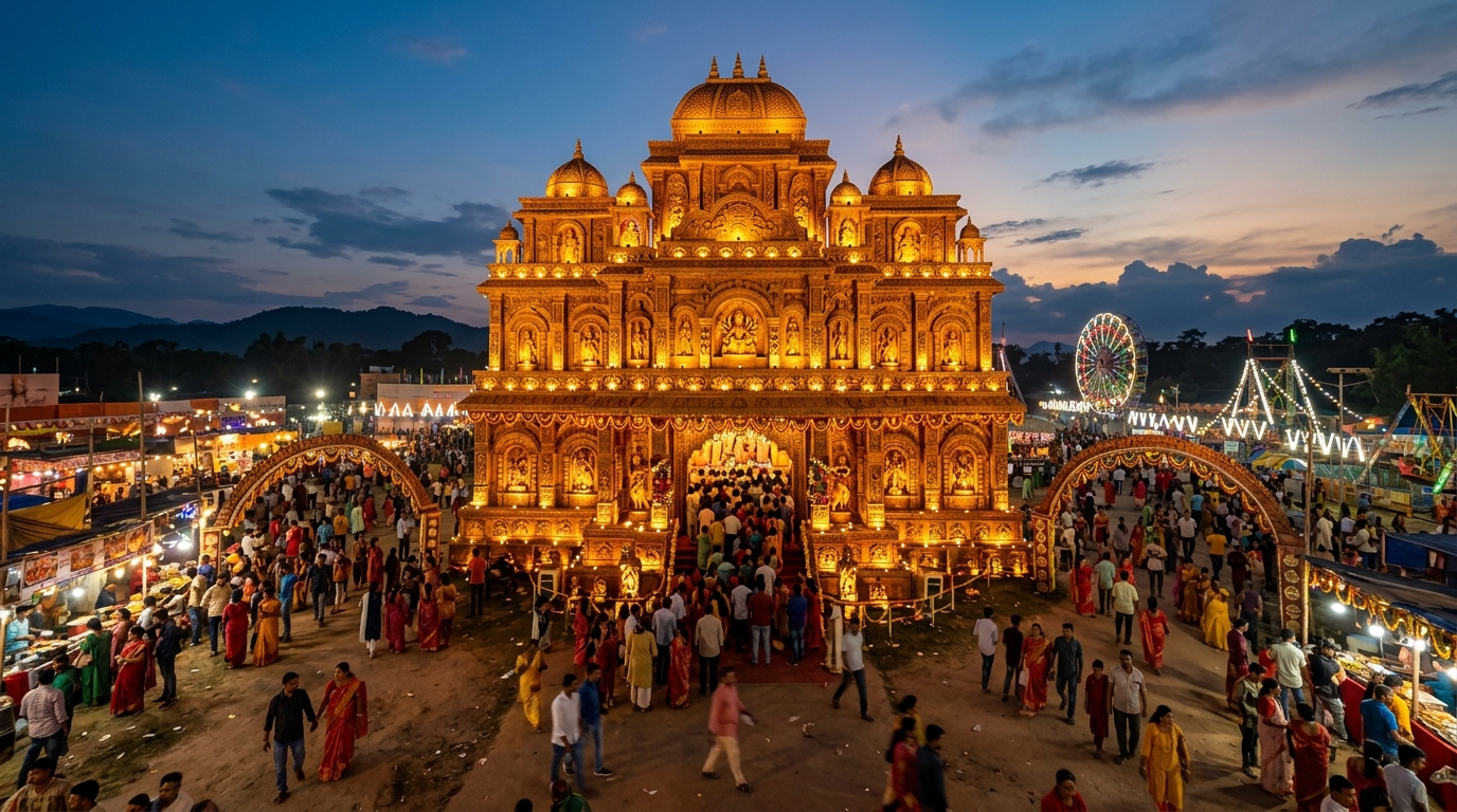 Central Colony Durga Puja 2026 architectural pandal in Siliguri near NJP Station